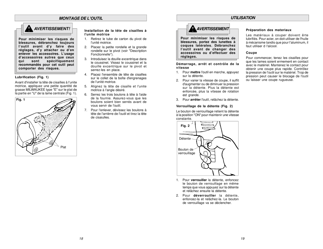 Milwaukee 6850 Montage DE Loutil Utilisation Avertissement, Installation de la tête de cisailles à lunite motrice, Coupe 