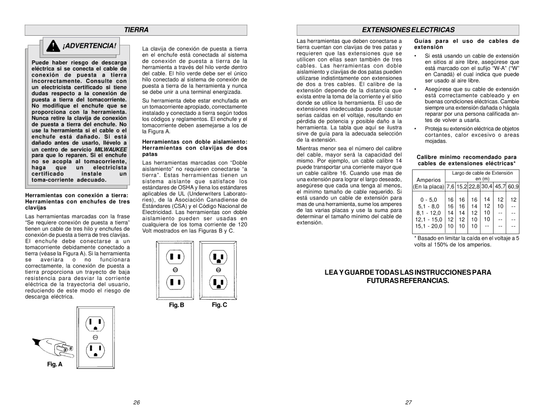 Milwaukee 48-08-0500, 6851, 6850 manual Tierra Extensiones Electricas ¡ADVERTENCIA, Guías para el uso de cables de extensión 