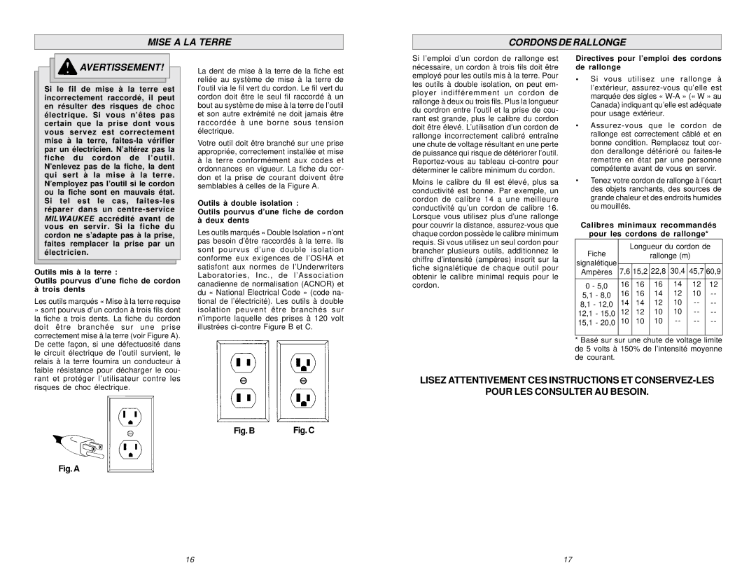 Milwaukee 6851, 6850 Mise a LA Terre Cordons DE Rallonge Avertissement, Directives pour l’emploi des cordons de rallonge 