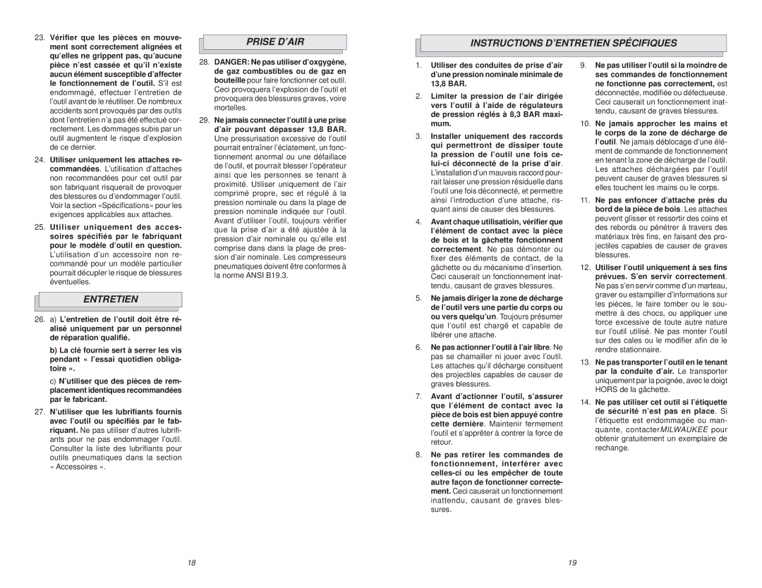 Milwaukee 7100-20 manual Prise D’AIR Instructions D’ENTRETIEN Spécifiques, Entretien 