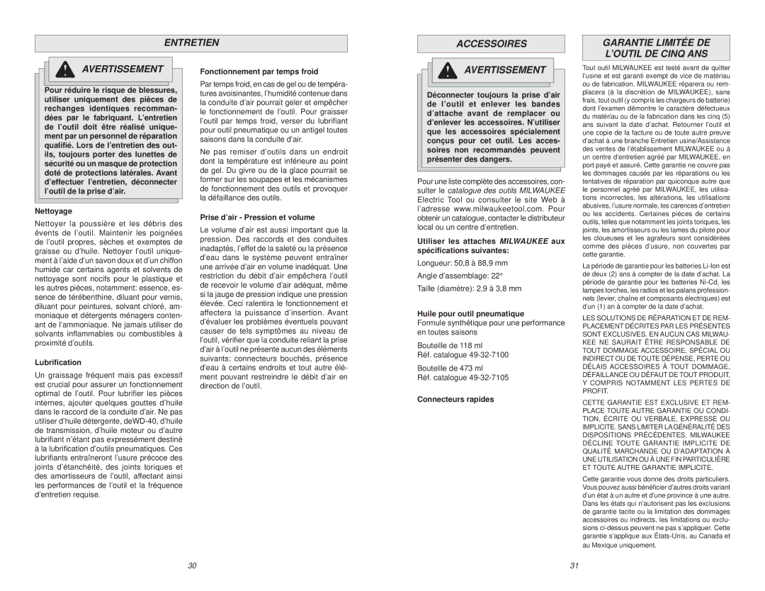 Milwaukee 7100-20 manual Fonctionnement par temps froid, Nettoyage, Lubriﬁcation, Prise d’air Pression et volume 