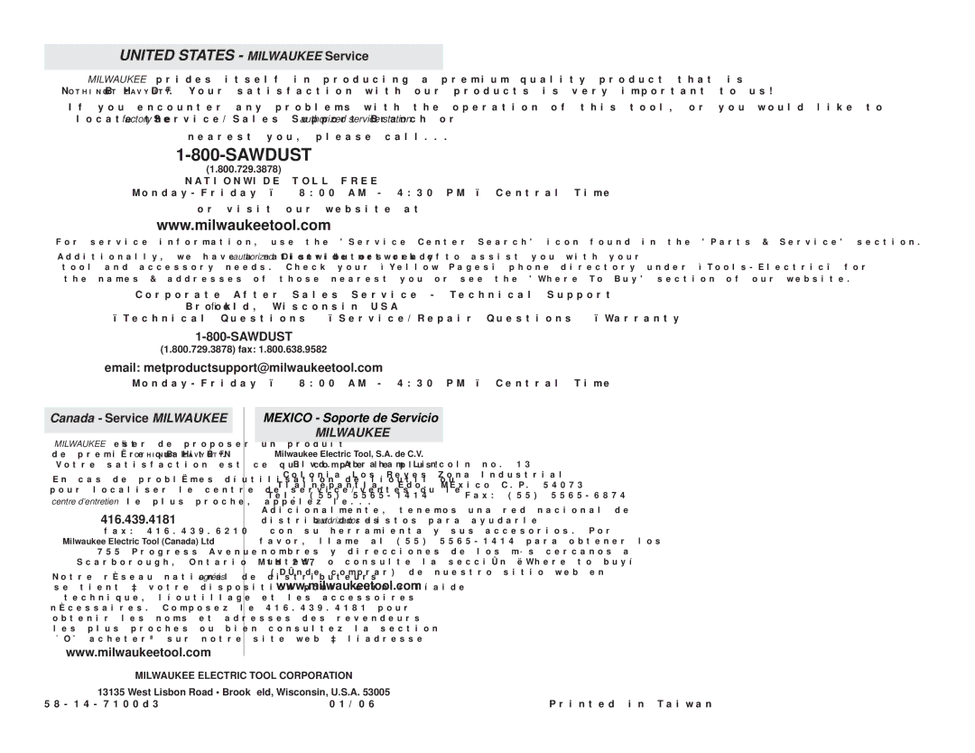 Milwaukee 7100-20 manual Milwaukee, 800.729.3878 fax, West Lisbon Road Brookﬁeld, Wisconsin, U.S.A 