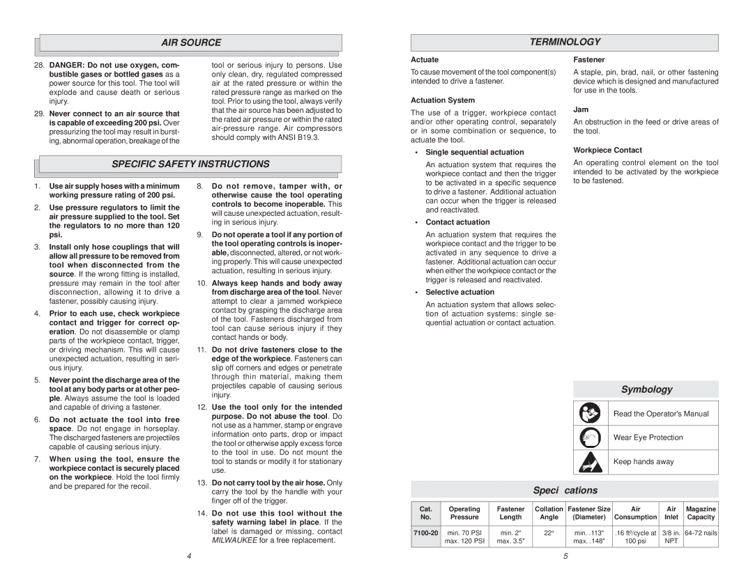 Milwaukee 7100-20 manual AIR Source Terminology, Specific Safety Instructions 