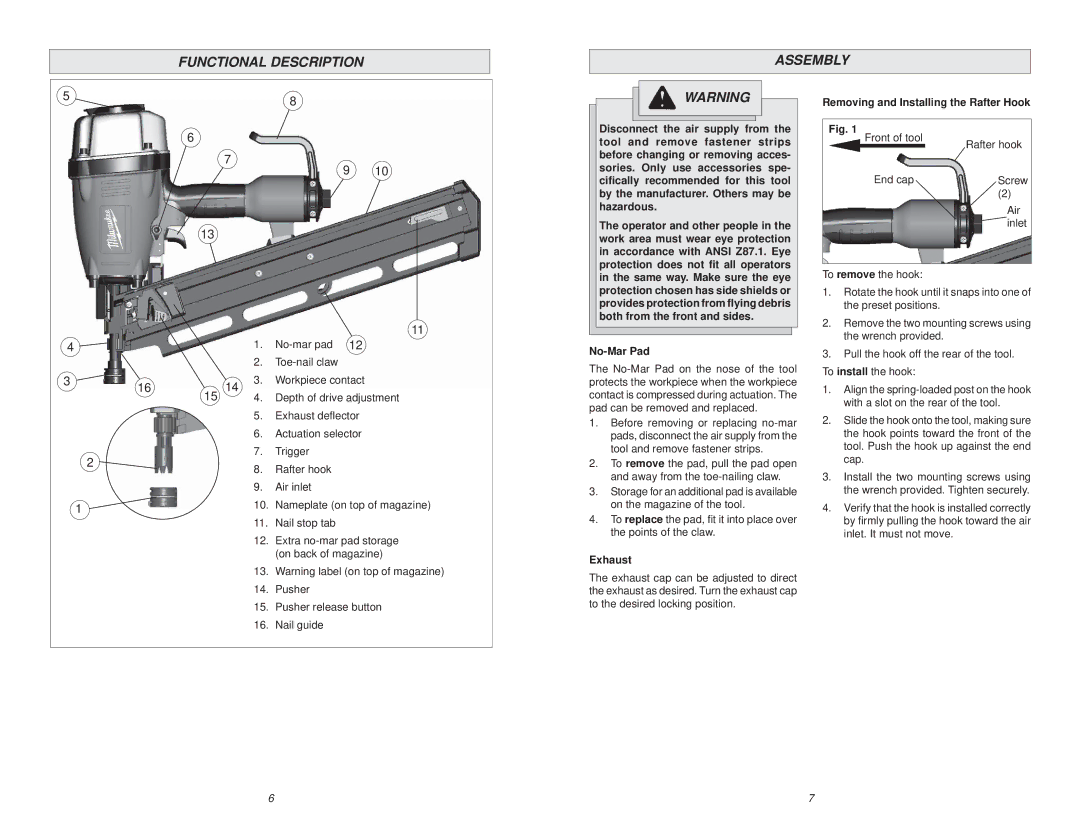 Milwaukee 7100-20 manual Functional Description Assembly, Removing and Installing the Rafter Hook, No-Mar Pad, Exhaust 