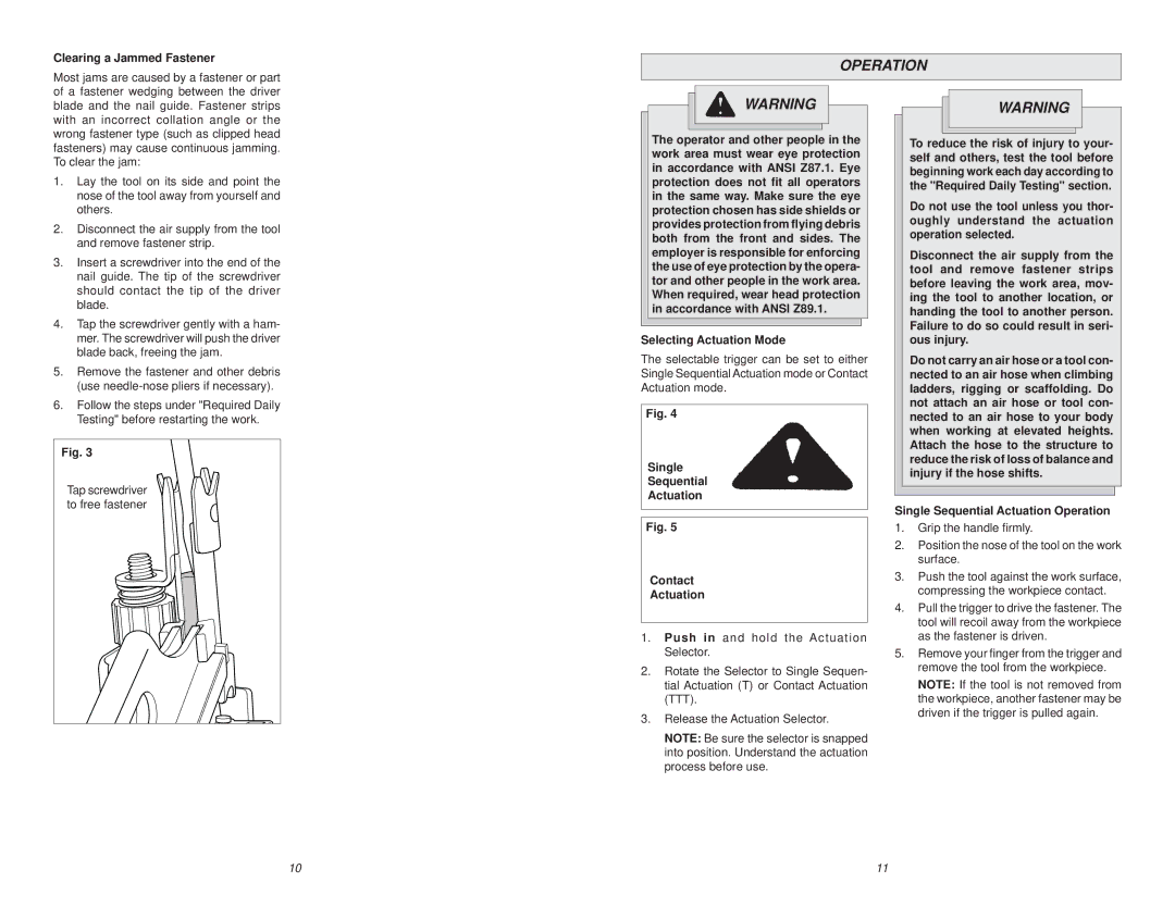 Milwaukee 7100-20 manual Operation, Clearing a Jammed Fastener, Selecting Actuation Mode, Single Sequential Actuation 