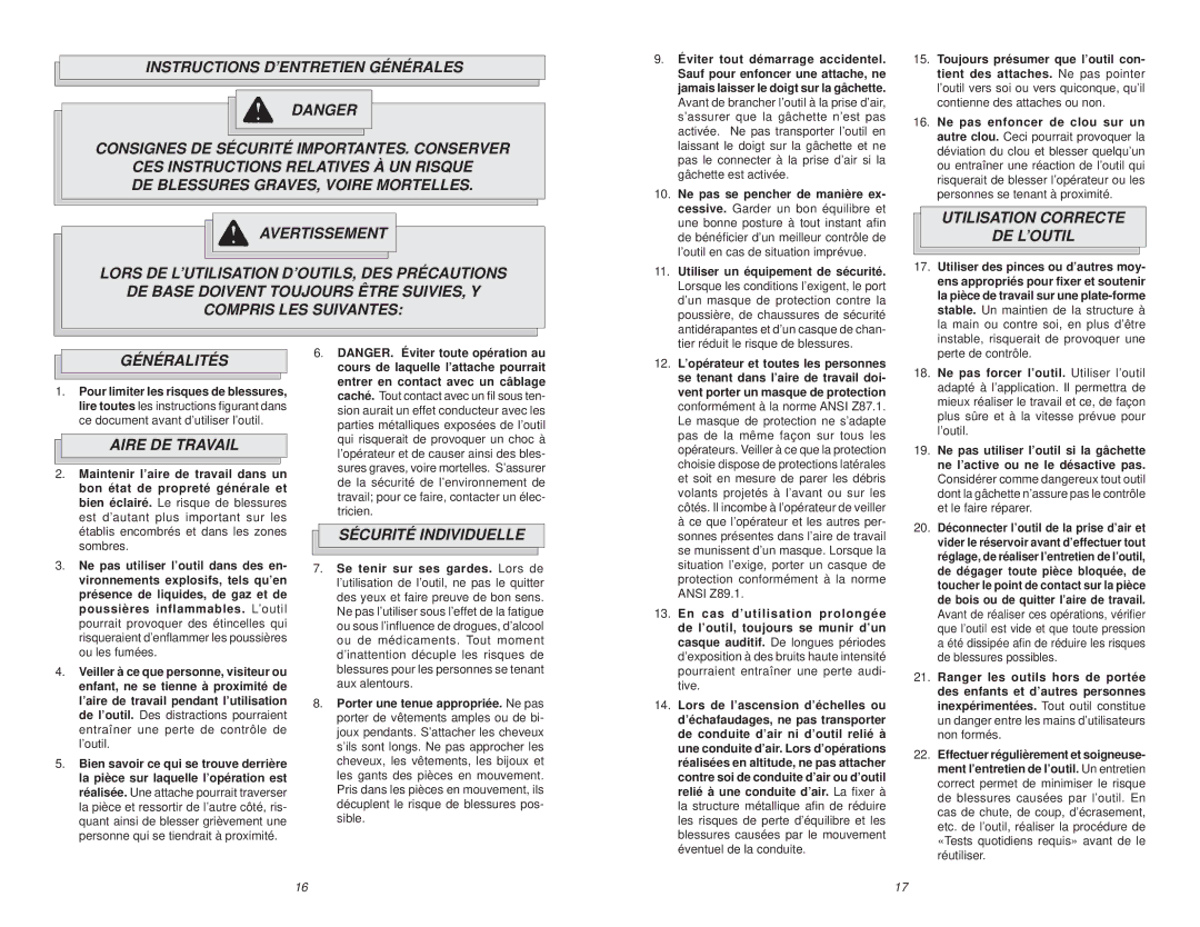 Milwaukee 7100-20 manual Utilisation Correcte DE L’OUTIL, Généralités, Aire DE Travail, Sécurité Individuelle 