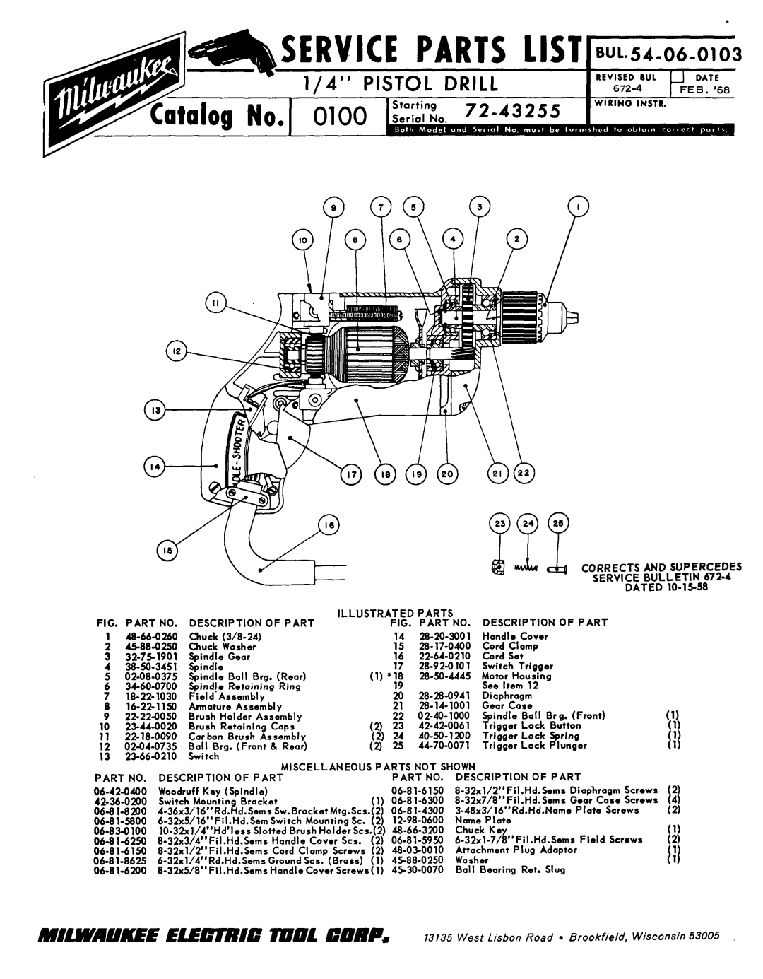 Milwaukee 54-06-0103, 72-43255 manual Service Parts List, 44-0020, Corrects Supercedes Service Bulletin 