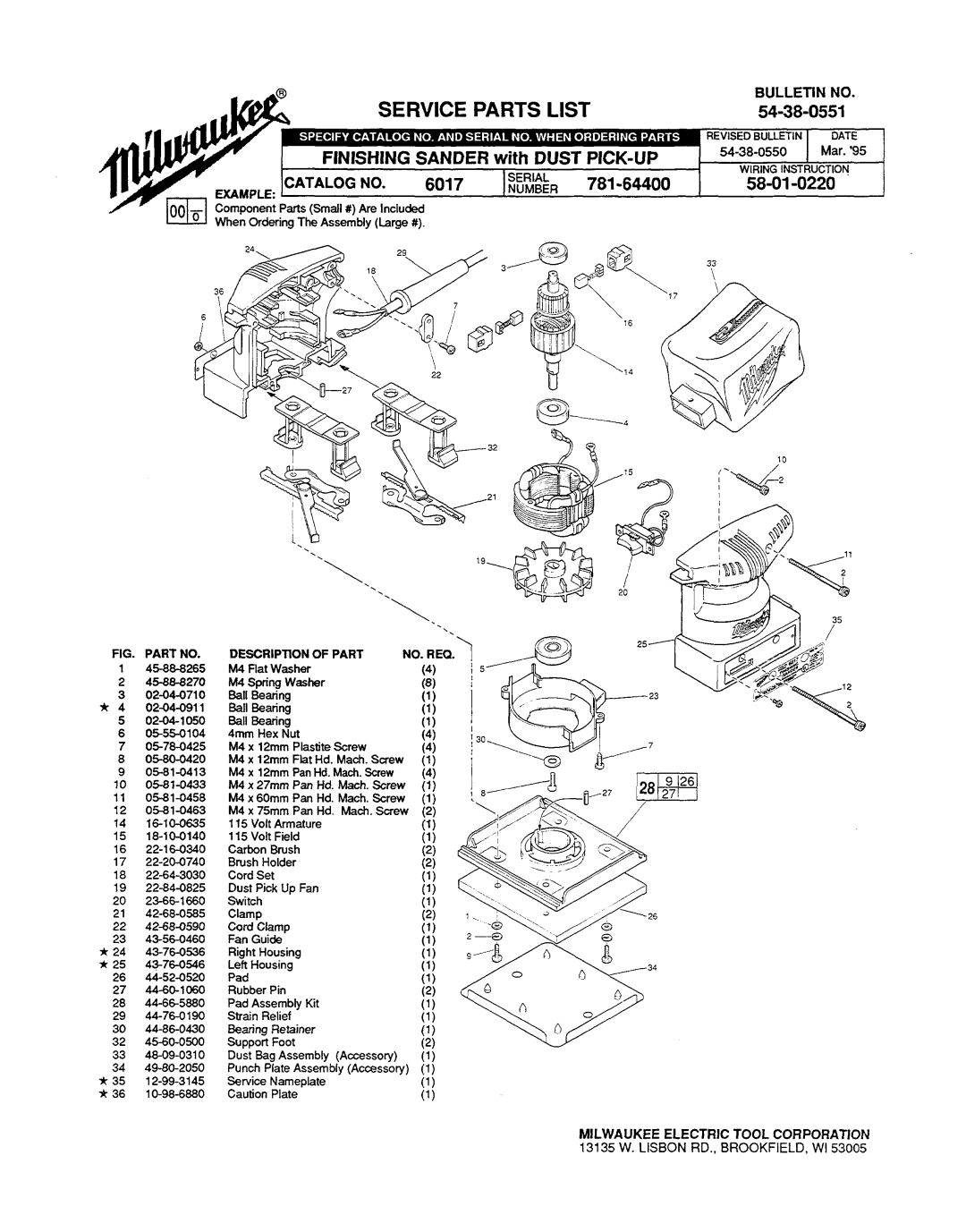 Milwaukee 781-64400 manual Service Parts List, 54-38-0551, Cord Set, No. Req, 13135 W. Lisbon RD.. BROOKFIELD. WI 