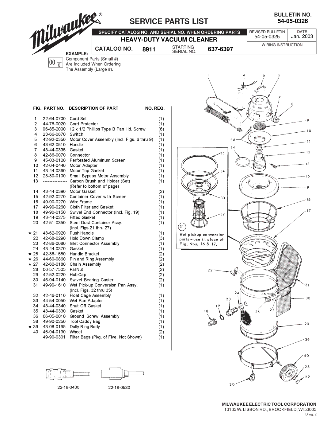 Milwaukee 8911 manual Service Parts List, 54-05-0326, 637-6397, Example, Milwaukee Electric Tool Corporation 