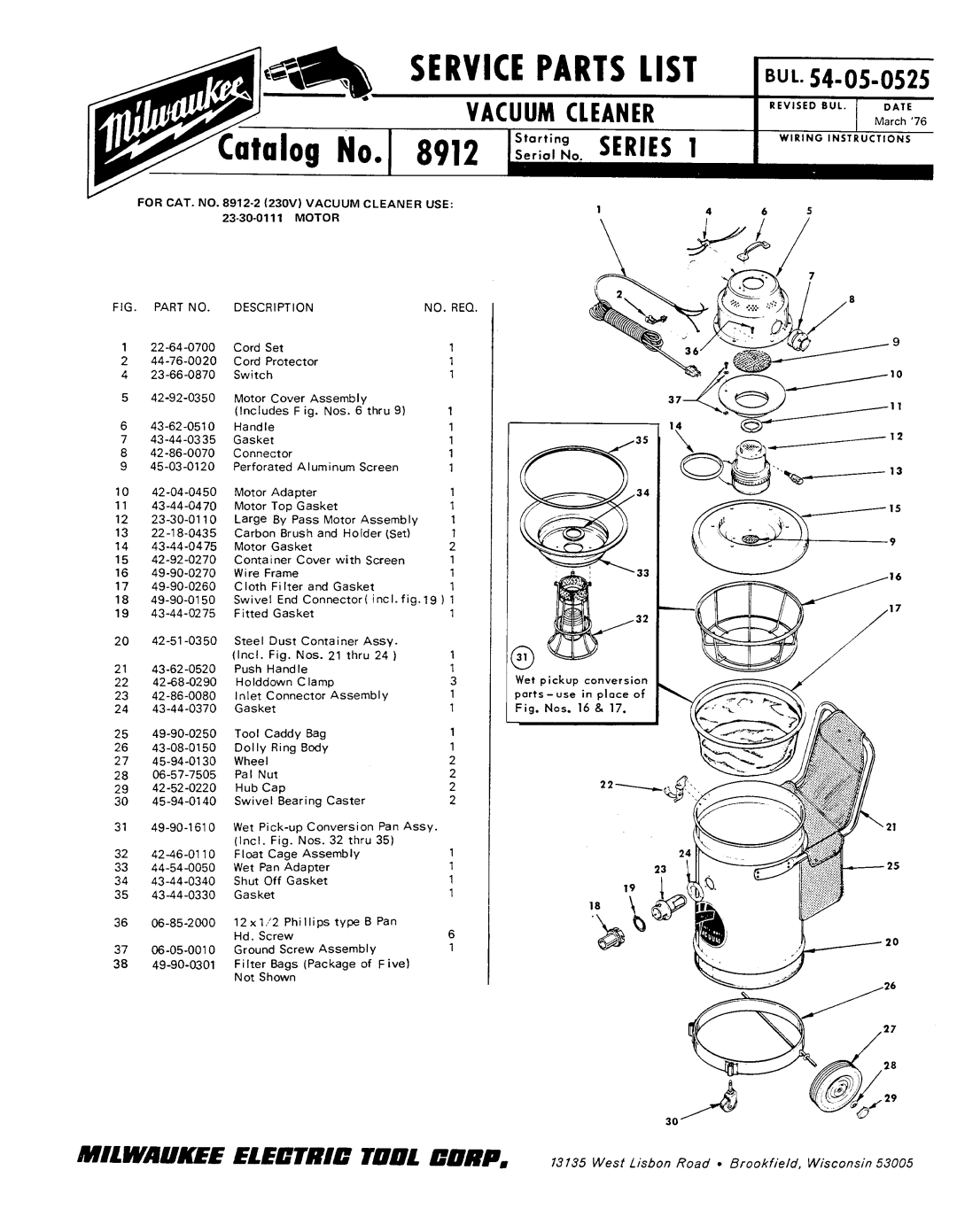 Milwaukee 8912 manual Service Parts List, Vacuum Cleaner, BuL, TV166DUL 