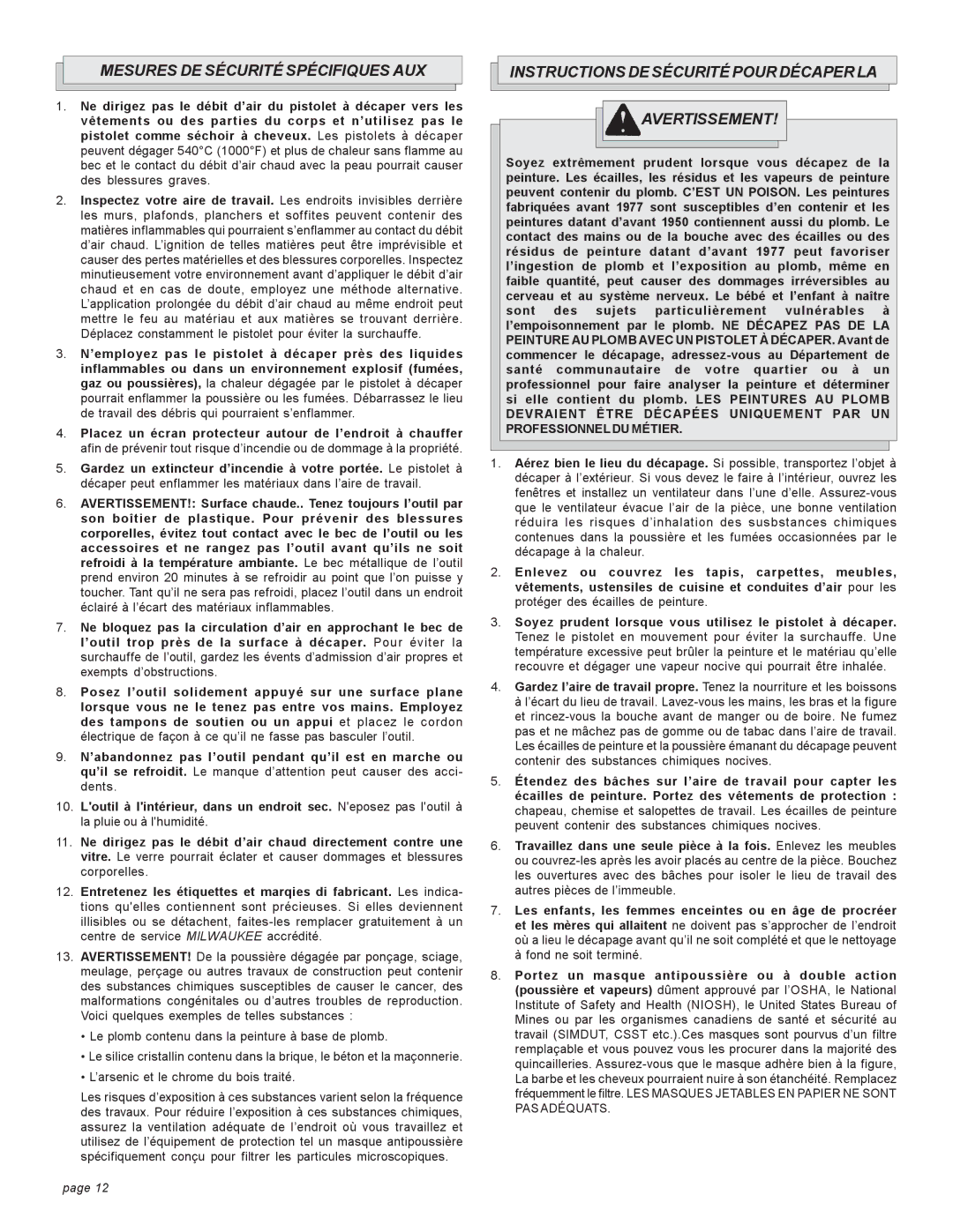 Milwaukee 8978, 8975, 8988-20 Mesures DE Sécurité Spécifiques AUX, Instructions DE Sécurité Pour Décaper LA Avertissement 