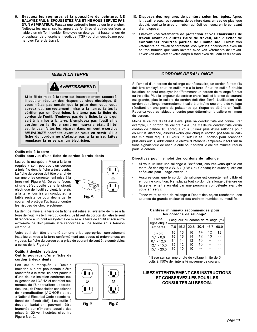 Milwaukee 8986-20 Mise À LA Terre Avertissement, Cordons DE Rallonge, Directives pour l’emploi des cordons de rallonge 