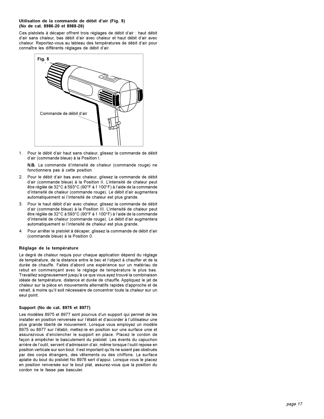 Milwaukee 8978 Utilisation de la commande de débit d’air No de cat -20 et, Réglage de la température, Support No de cat et 