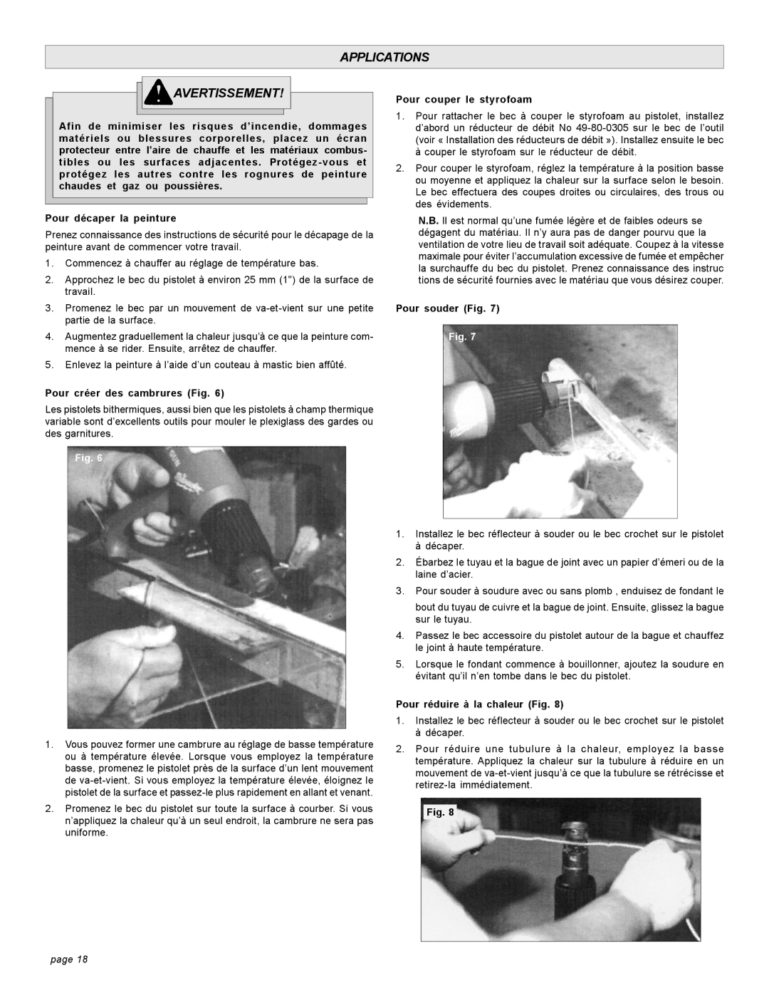 Milwaukee 8986-20 Applications Avertissement, Pour décaper la peinture, Pour créer des cambrures Fig, Pour souder Fig 