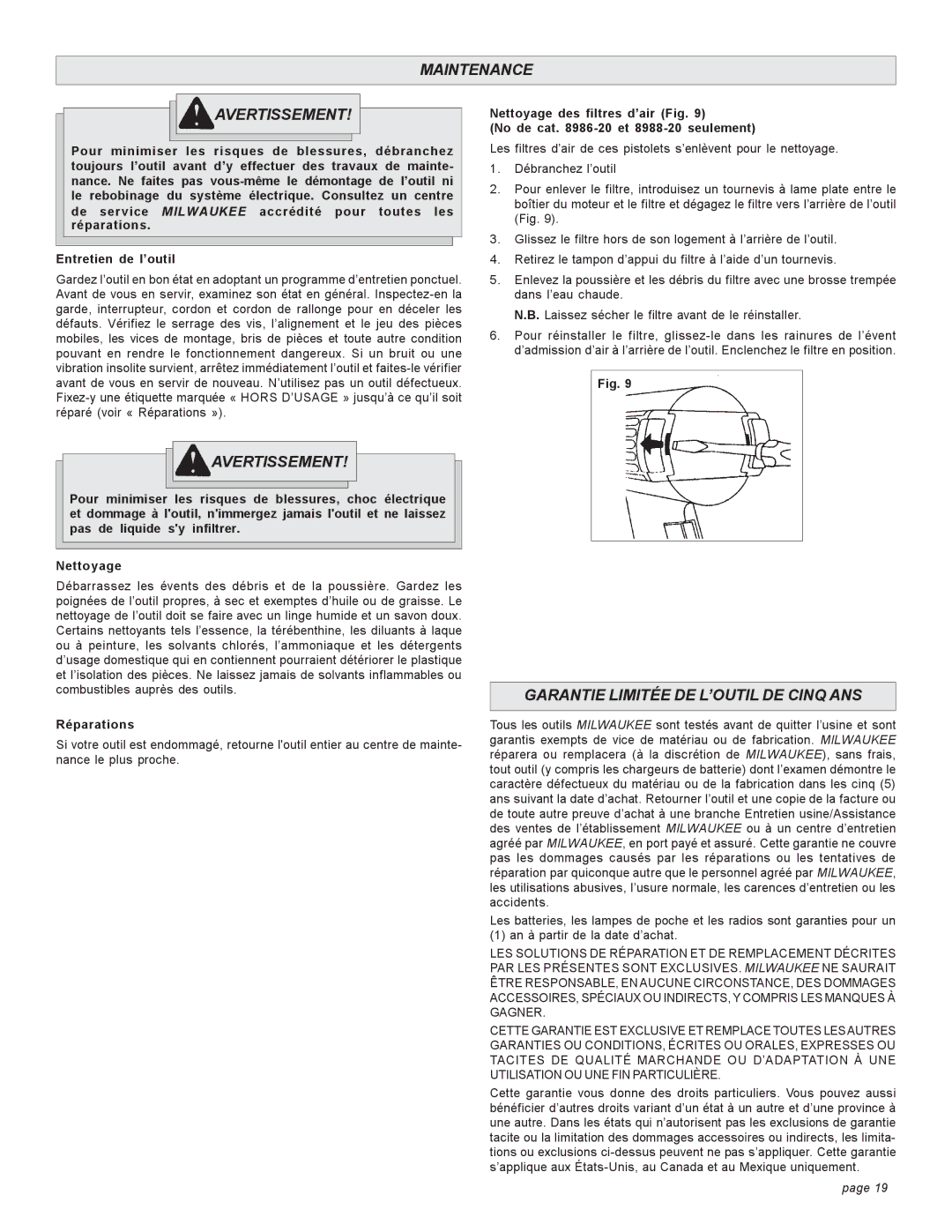 Milwaukee 8977, 8975 Maintenance Avertissement, Garantie Limitée DE L’OUTIL DE Cinq ANS, Entretien de l’outil, Réparations 