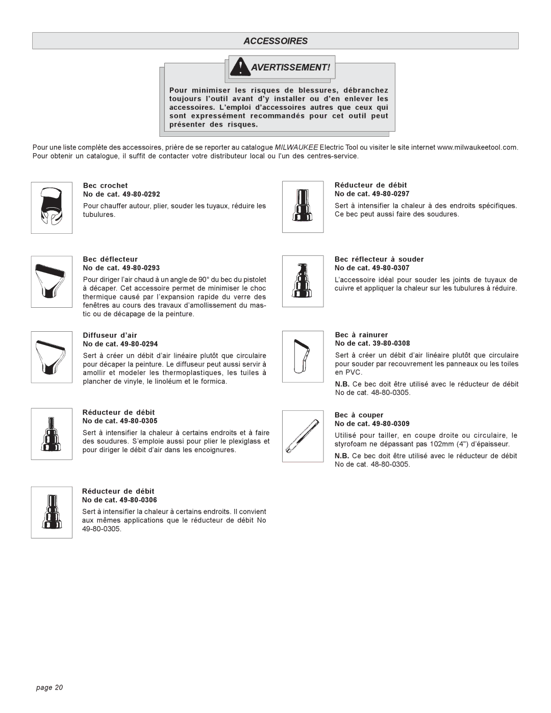 Milwaukee 8975, 8988-20, 8978, 8986-20, 8977 manual Accessoires Avertissement 