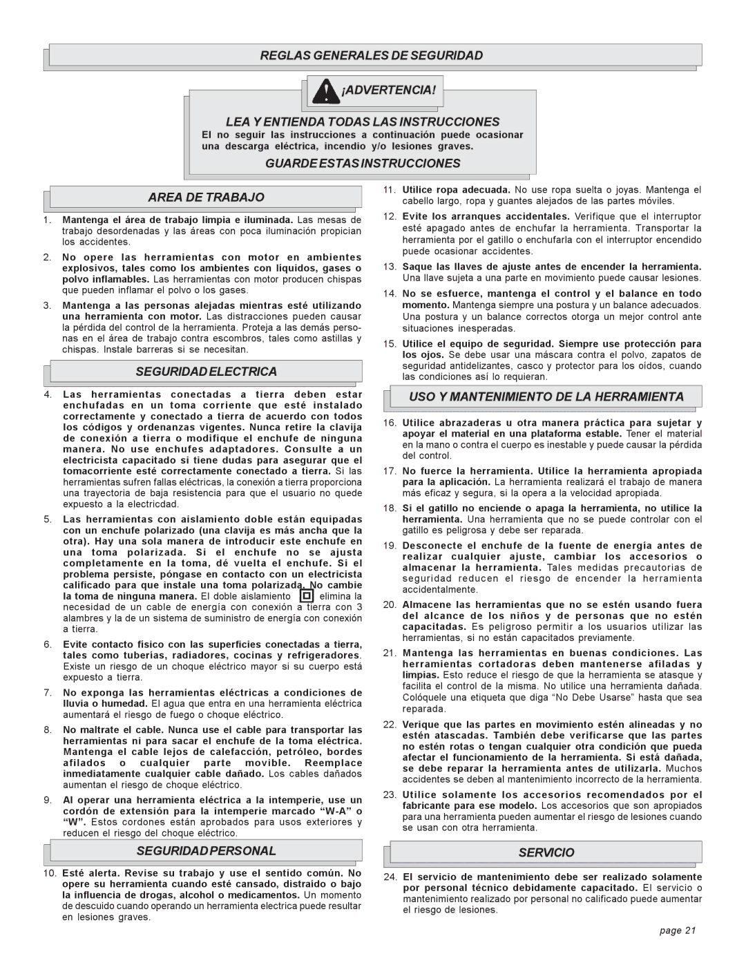 Milwaukee 8988-20 Guarde Estas Instrucciones Area DE Trabajo, Seguridad Electrica, USO Y Mantenimiento DE LA Herramienta 