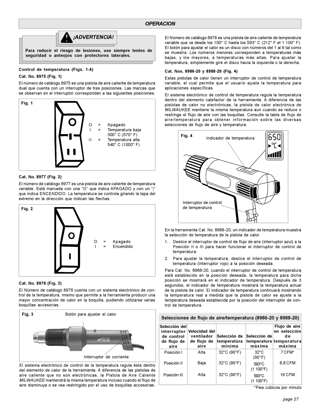 Milwaukee 8978, 8975, 8988-20, 8986-20, 8977 manual Operacion ¡ADVERTENCIA 