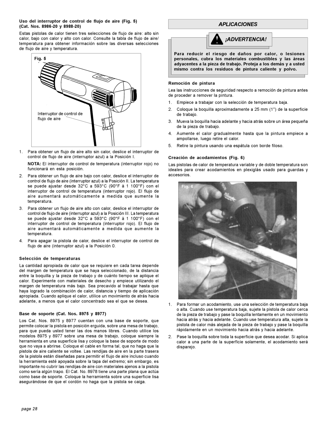 Milwaukee 8986-20 Aplicaciones ¡ADVERTENCIA, Selección de temperaturas, Base de soporte Cat. Nos y, Remoción de pintura 