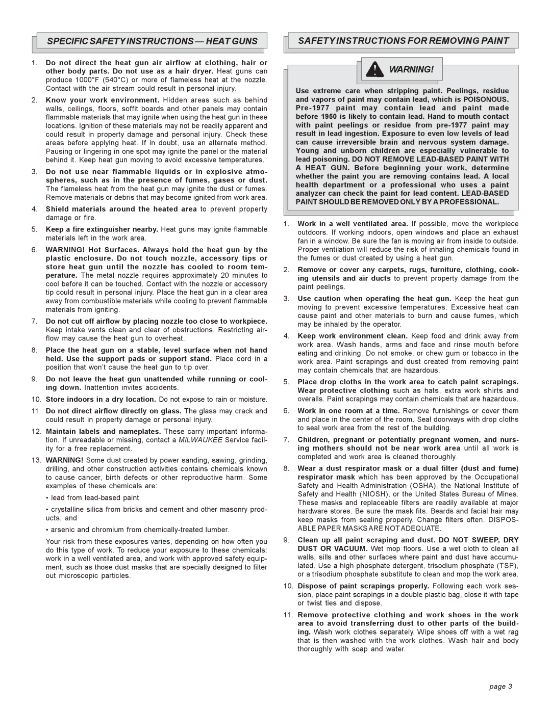 Milwaukee 8986-20, 8975, 8988-20, 8978, 8977 Specific Safety Instructions Heat Guns, Safety Instructions for Removing Paint 