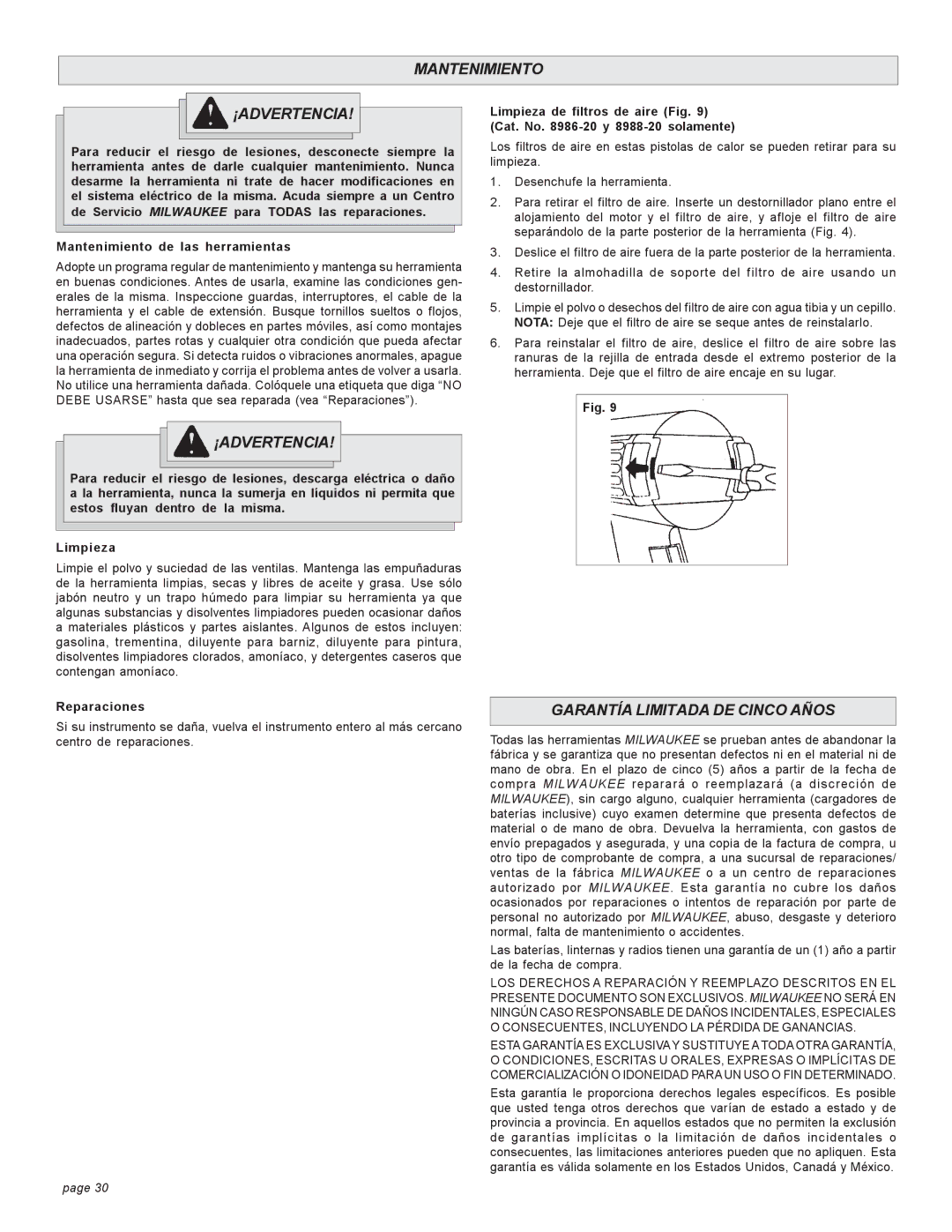 Milwaukee 8975, 8988-20 Mantenimiento ¡ADVERTENCIA, Garantía Limitada DE Cinco Años, Mantenimiento de las herramientas 
