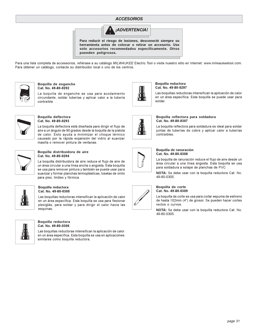 Milwaukee 8988-20, 8975, 8978, 8986-20, 8977 manual Accesorios ¡ADVERTENCIA 