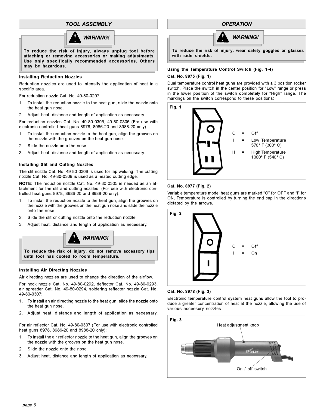 Milwaukee 8988-20, 8975, 8978, 8986-20, 8977 manual Tool Assembly, Operation, Installing Slit and Cutting Nozzles, Cat. No Fig 