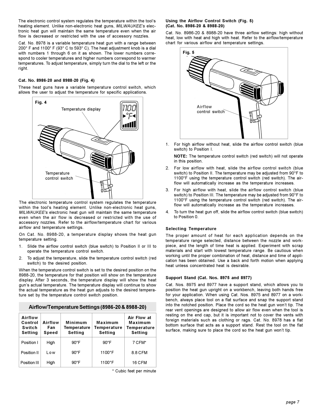 Milwaukee 8978 Cat. No -20 and 8988-20 Fig, Airflow Air Flow at Control Minimum Maximum Switch Fan, Selecting Temperature 