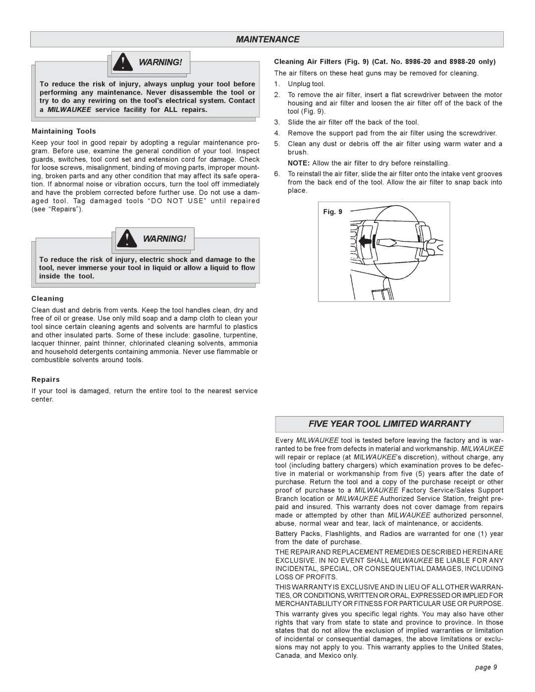 Milwaukee 8977 Maintenance, Five Year Tool Limited Warranty, Repairs, Cleaning Air Filters Cat. No -20 and 8988-20 only 