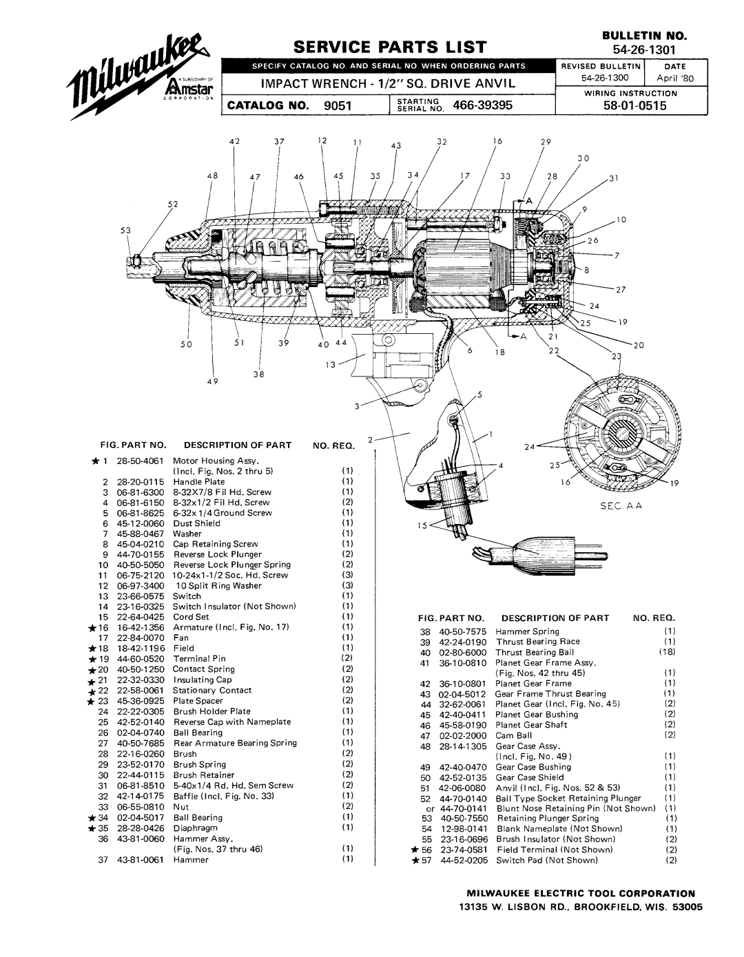 Milwaukee 9051 manual Service Parts List, BULLETIN NO 54-26-l, Milwaukee Electric Tool Corporation 