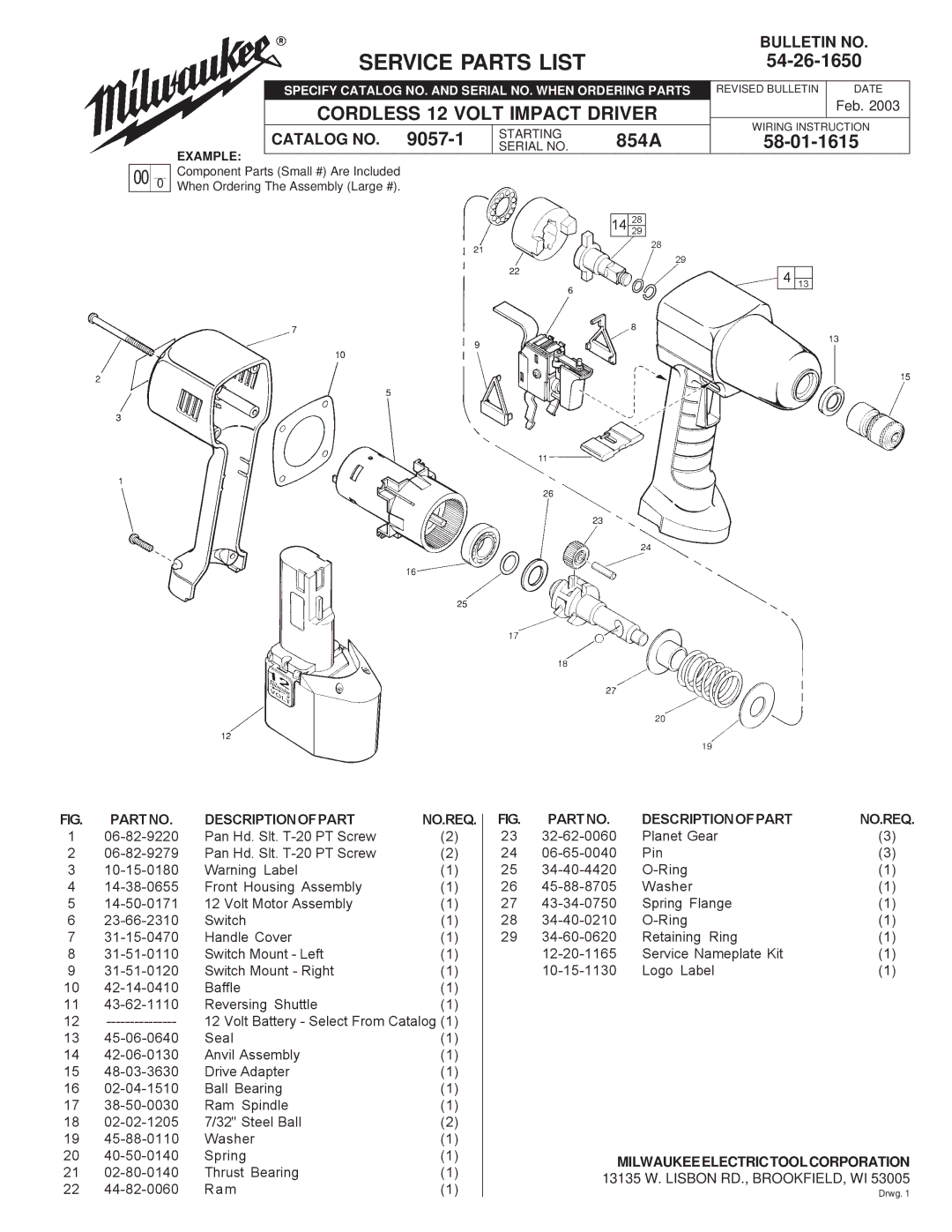 Milwaukee 9057-1 manual Service Parts List, 54-26-1650, Cordless 12 Volt Impact Driver, 854A, 58-01-1615 