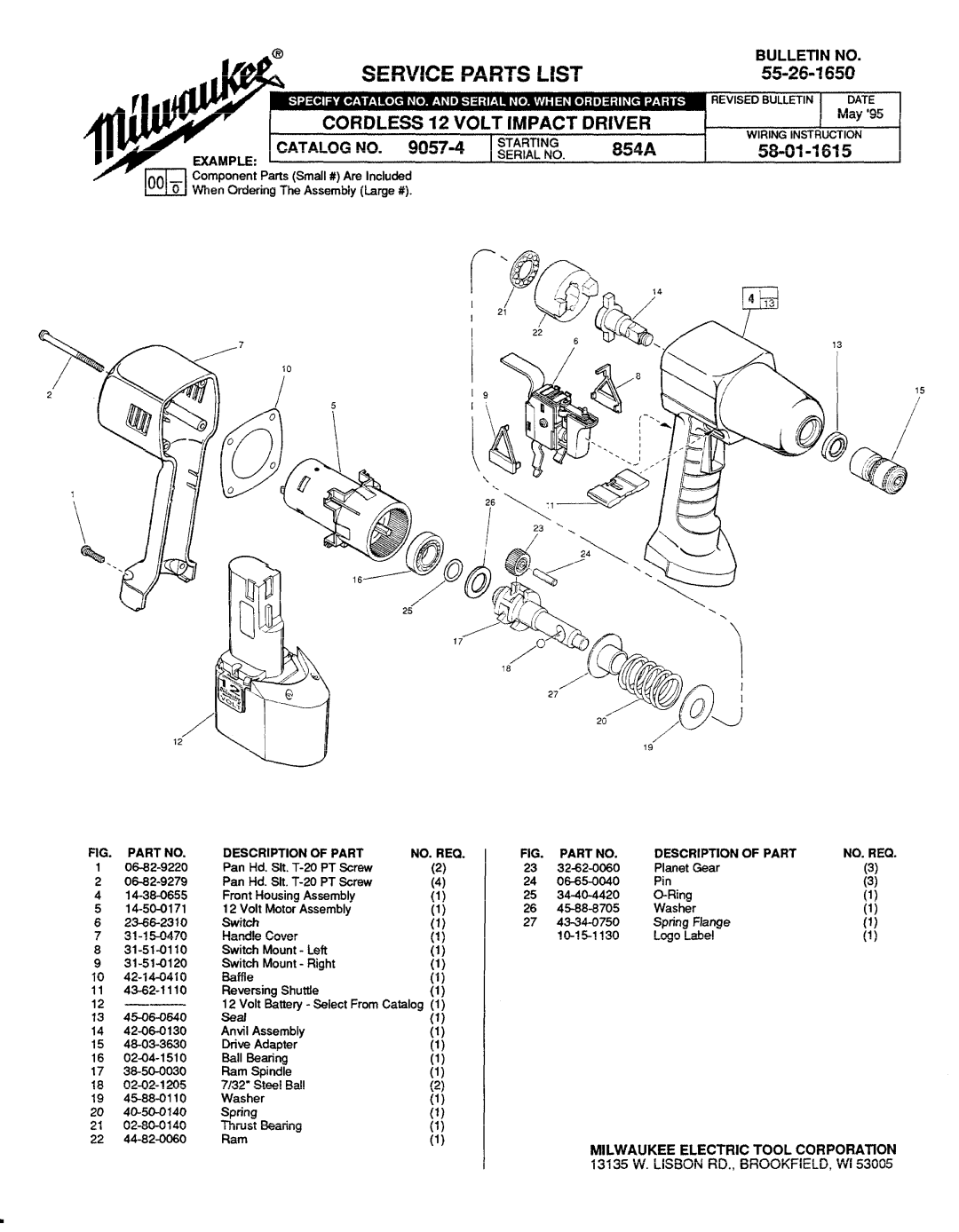 Milwaukee 9057-4 manual Service Parts List, 55-26-l 650, Part Description NO. REQ, Description of Part NO. REQ 