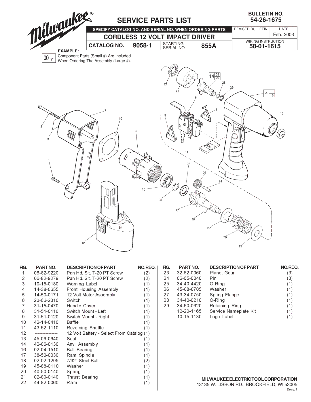 Milwaukee 9058-1 manual Service Parts List, 54-26-1675, Cordless 12 Volt Impact Driver, 855A, 58-01-1615 