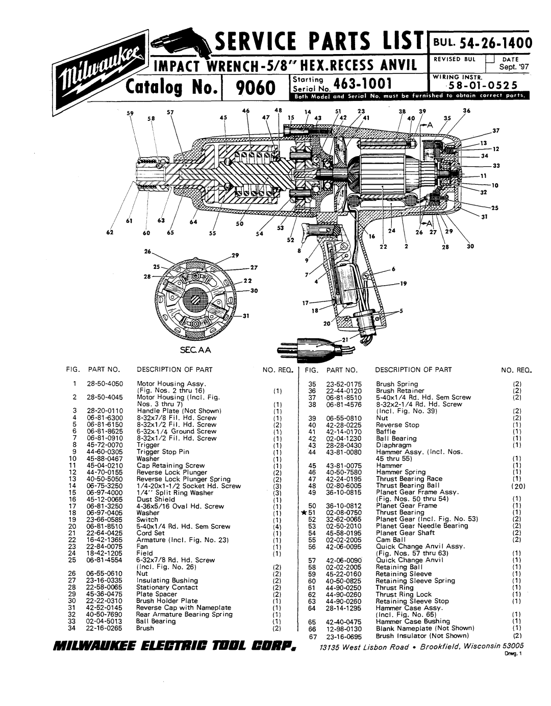 Milwaukee 9060 manual FIG Part no, Description of Part NO. REQ, Description Part NO. REQ, Incl Nos 