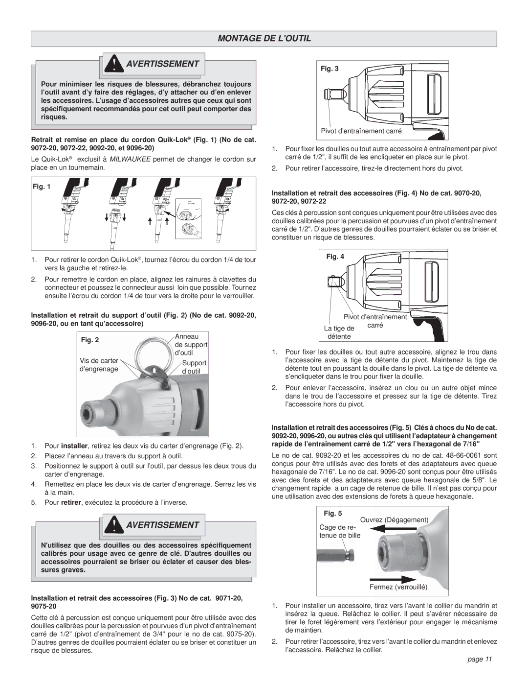 Milwaukee 9092-20, 9072-20, 9075-20, 9096-20, 9072-22, 9071-20, 9070-20 manual Montage DE Loutil Avertissement 