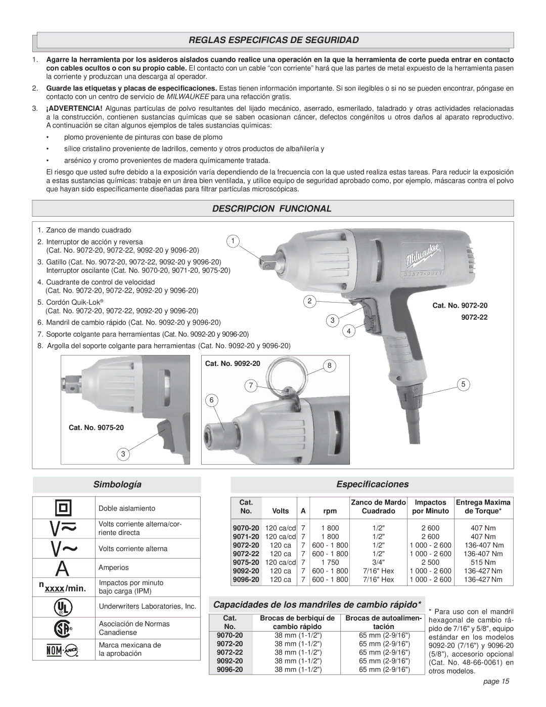 Milwaukee 9075-20, 9072-20, 9096-20, 9072-22, 9092-20, 9071-20, 9070-20 Reglas Especificas DE Seguridad, Descripcion Funcional 