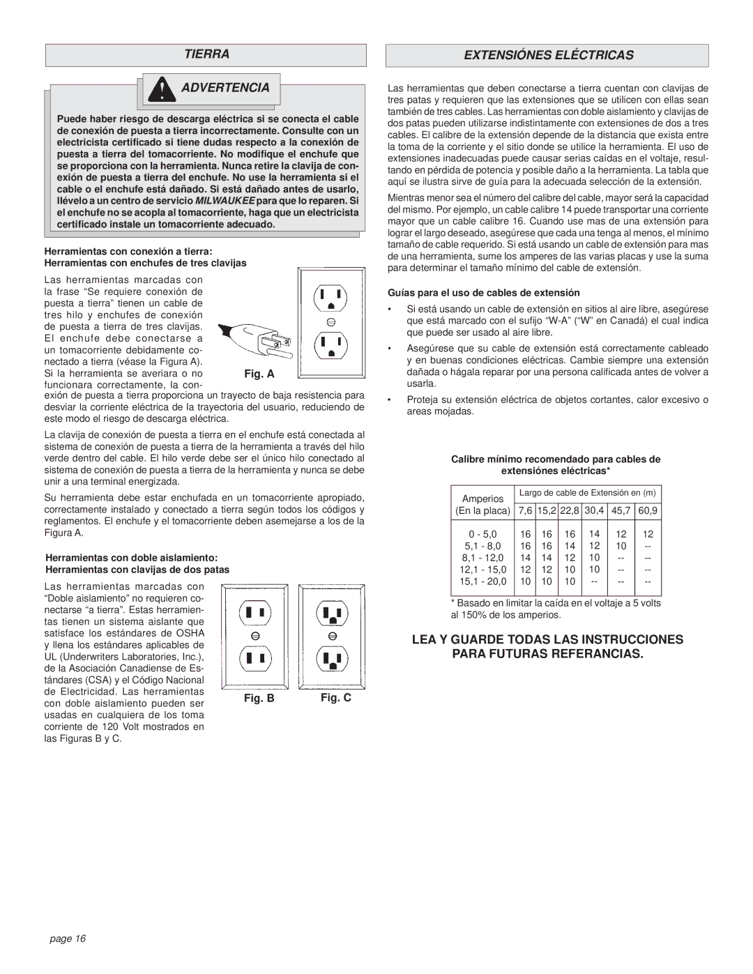 Milwaukee 9096-20, 9072-20, 9075-20 Tierra Advertencia, Extensiónes Eléctricas, Guías para el uso de cables de extensión 