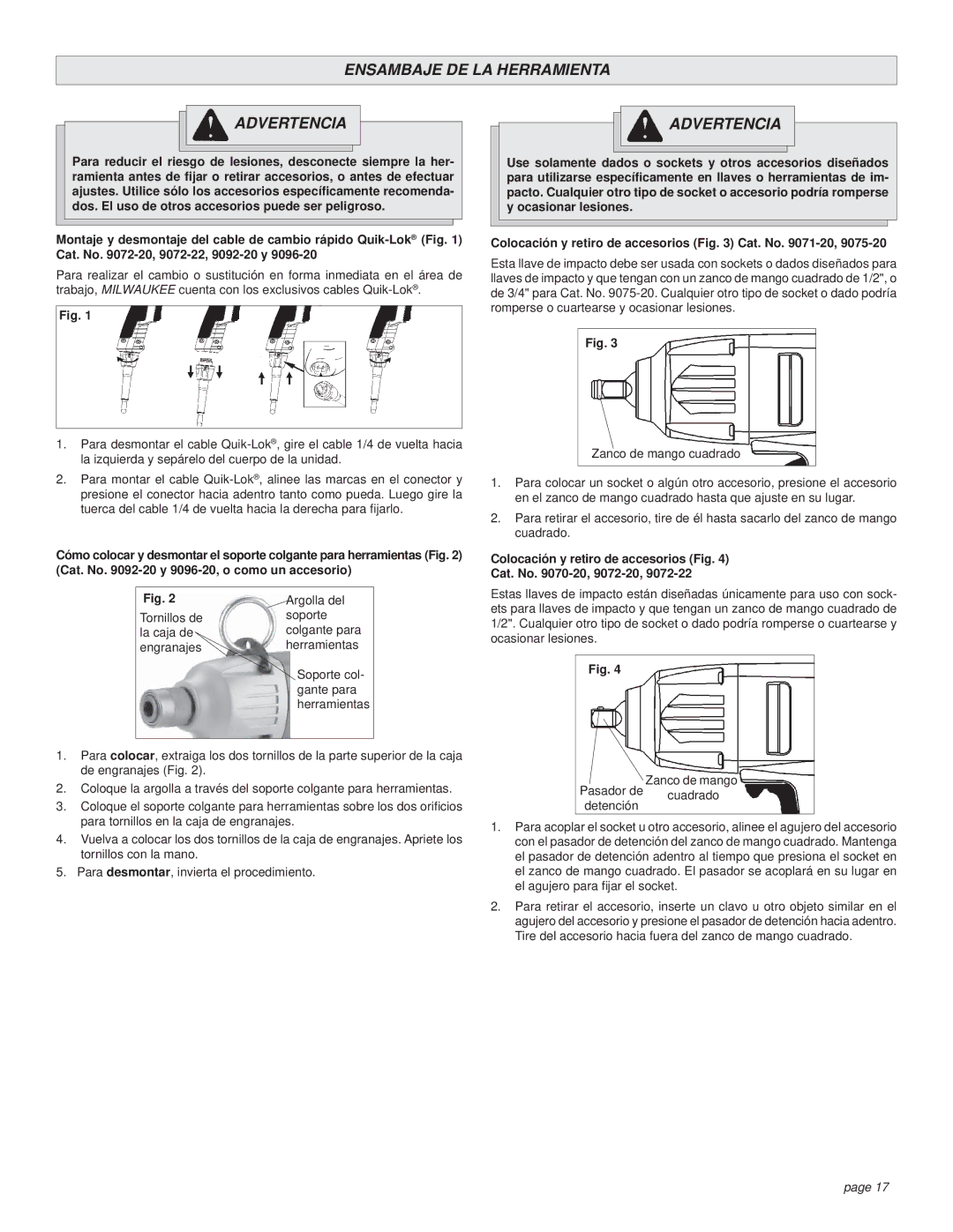 Milwaukee 9072-22 Ensambaje DE LA Herramienta Advertencia, Colocación y retiro de accesorios Fig Cat. No -20, 9072-20 