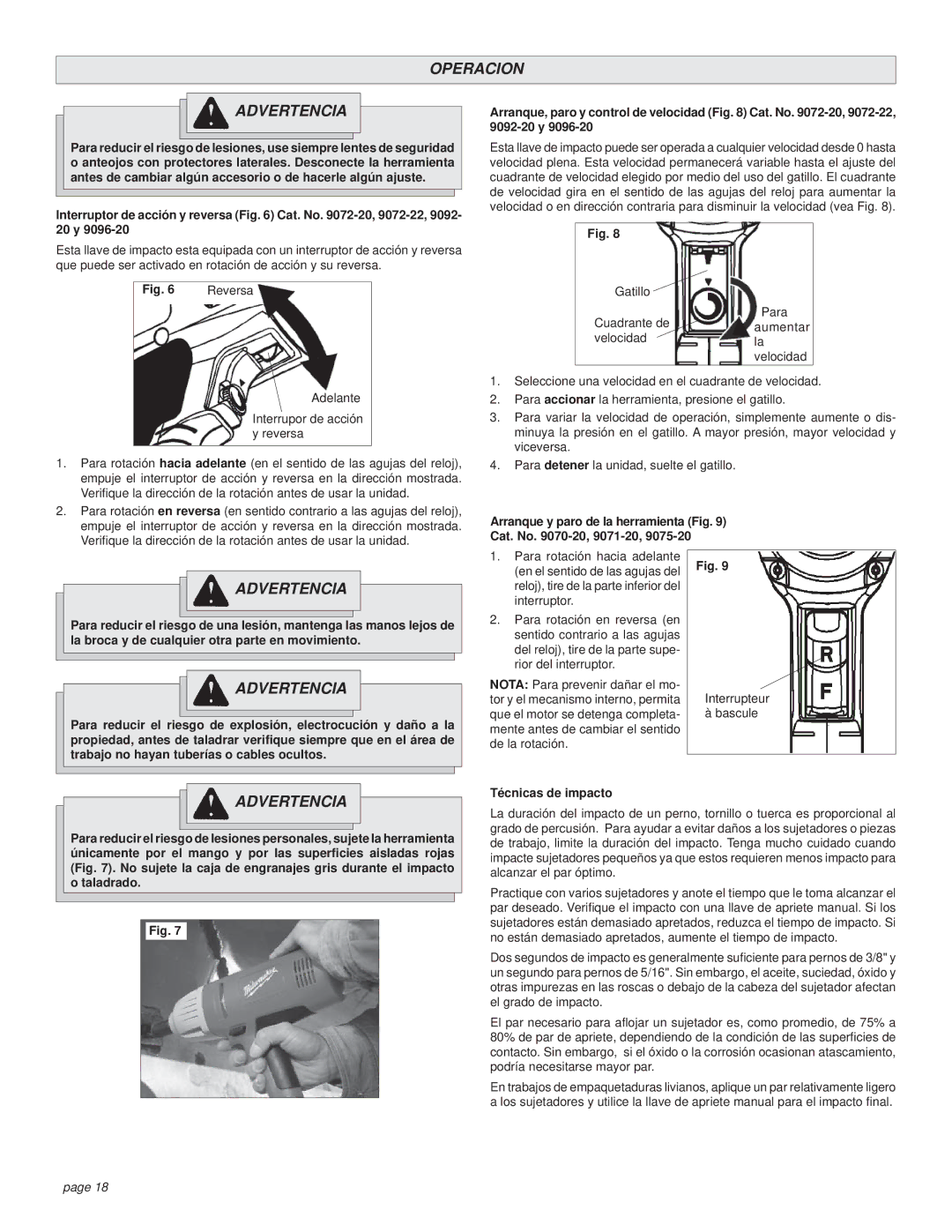 Milwaukee 9092-20, 9072-20, 9075-20, 9096-20, 9072-22, 9071-20, 9070-20 manual Operacion Advertencia 