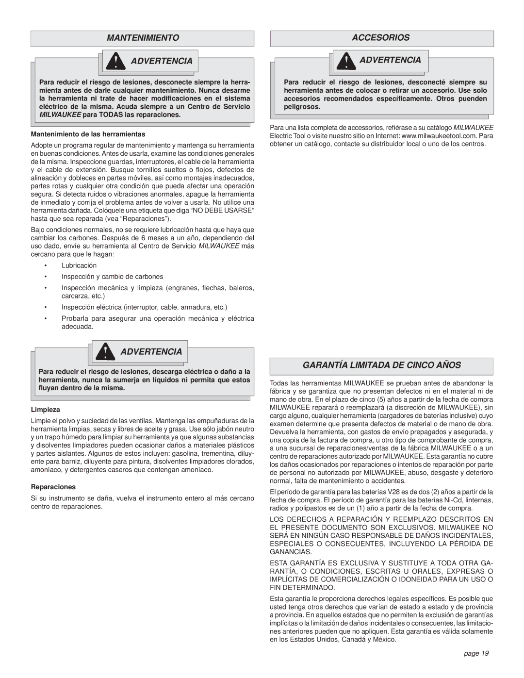 Milwaukee 9071-20 manual Mantenimiento Advertencia, Accesorios Advertencia, Garantía Limitada DE Cinco Años, Reparaciones 