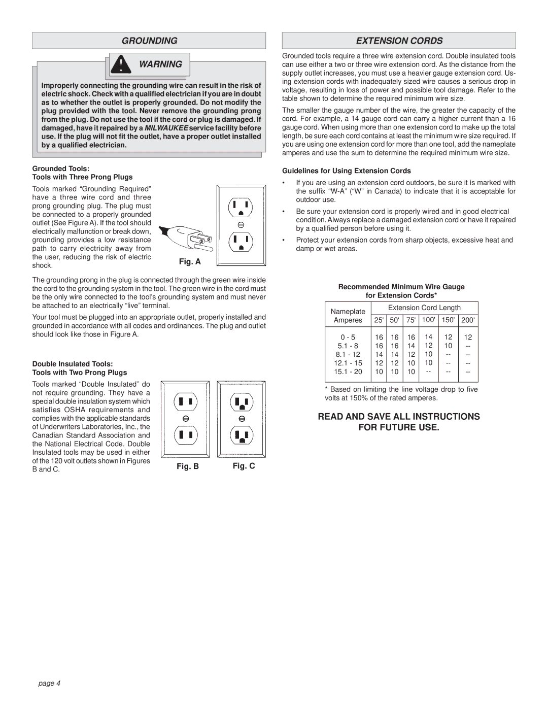 Milwaukee 9092-20, 9072-20, 9075-20, 9096-20, 9072-22, 9071-20, 9070-20 manual Grounding, Extension Cords 