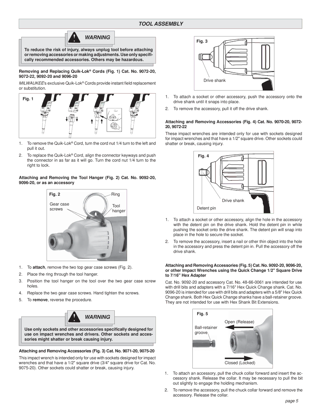 Milwaukee 9071-20, 9072-20, 9075-20, 9096-20, 9072-22 Tool Assembly, Attaching and Removing Accessories Cat. No -20, 9072- 20 