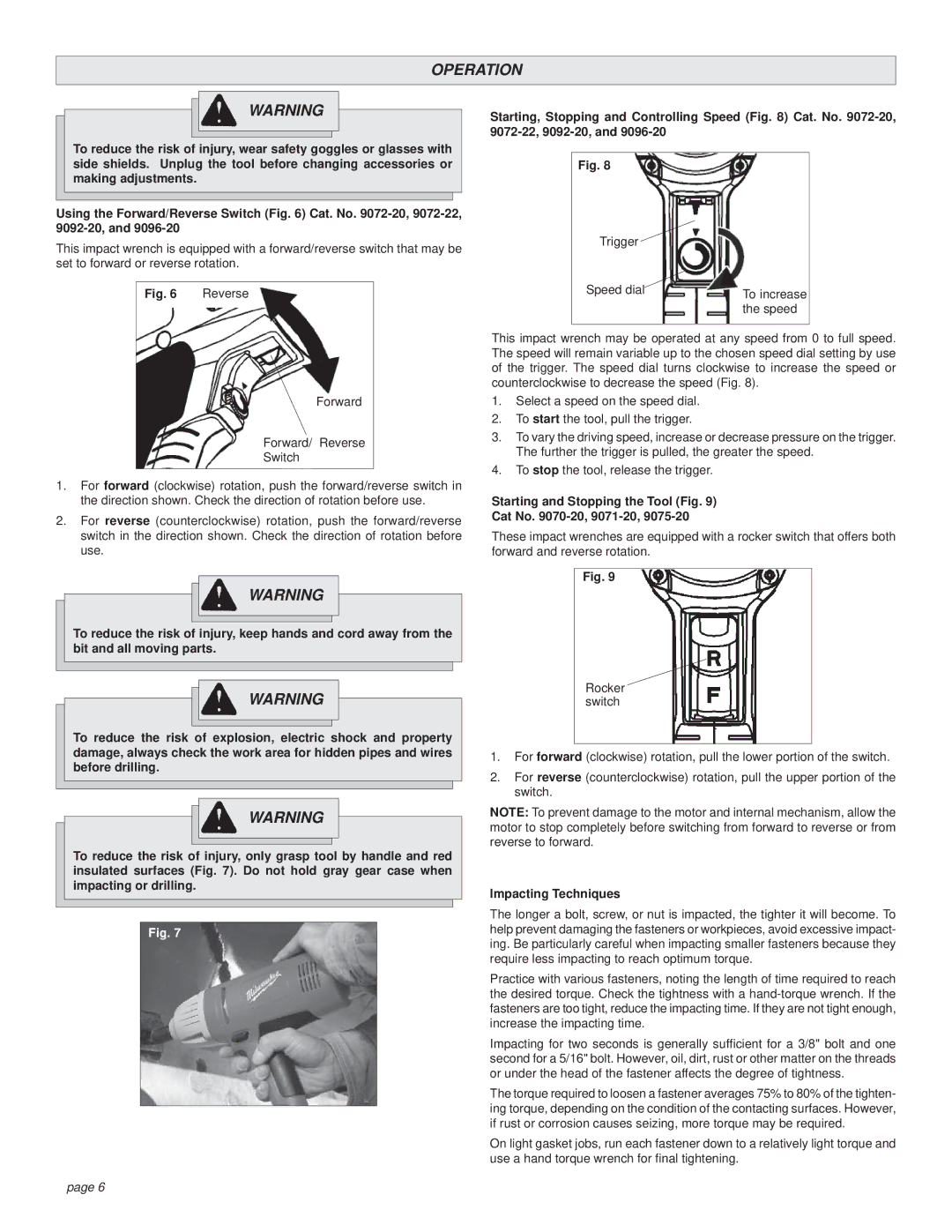 Milwaukee 9070-20, 9072-20, 9075-20, 9096-20, 9072-22 manual Operation, Starting and Stopping the Tool Fig Cat No -20, 9071-20 