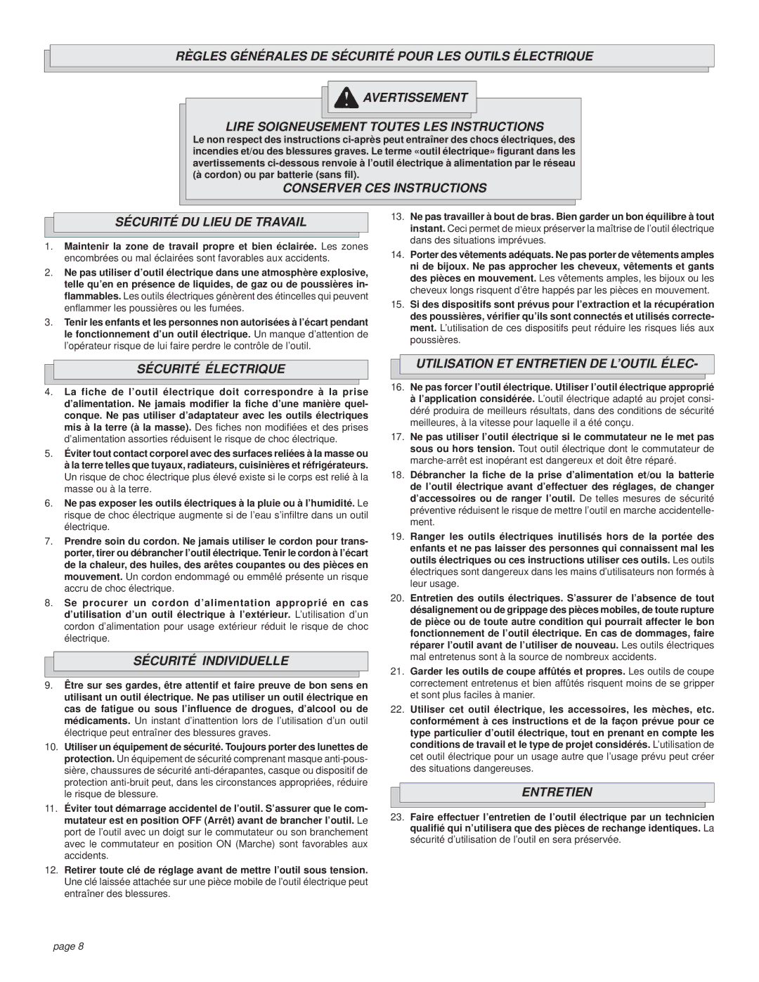 Milwaukee 9075-20 manual Conserver CES Instructions Sécurité DU Lieu DE Travail, Sécurité Électrique, Sécurité Individuelle 