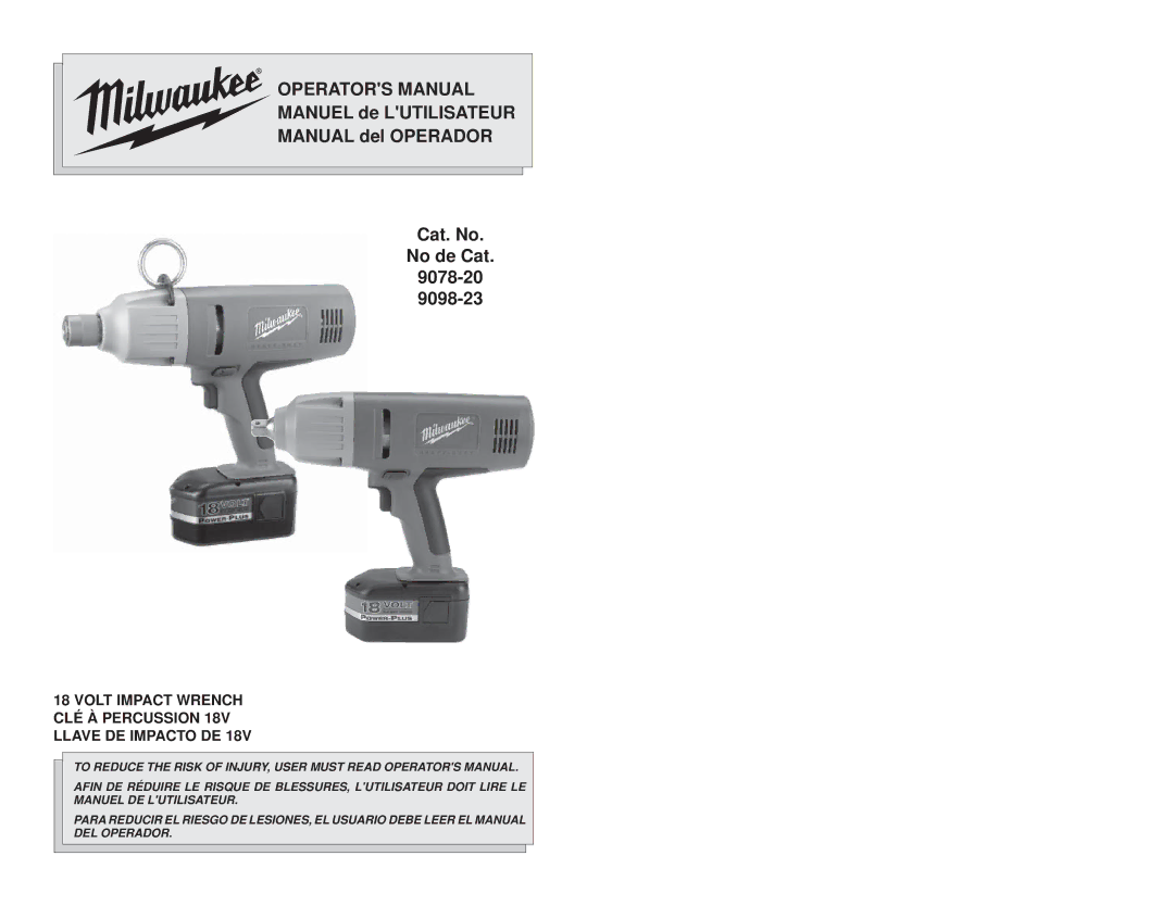 Milwaukee 9078-20, 9098-23 manual Operators Manual 