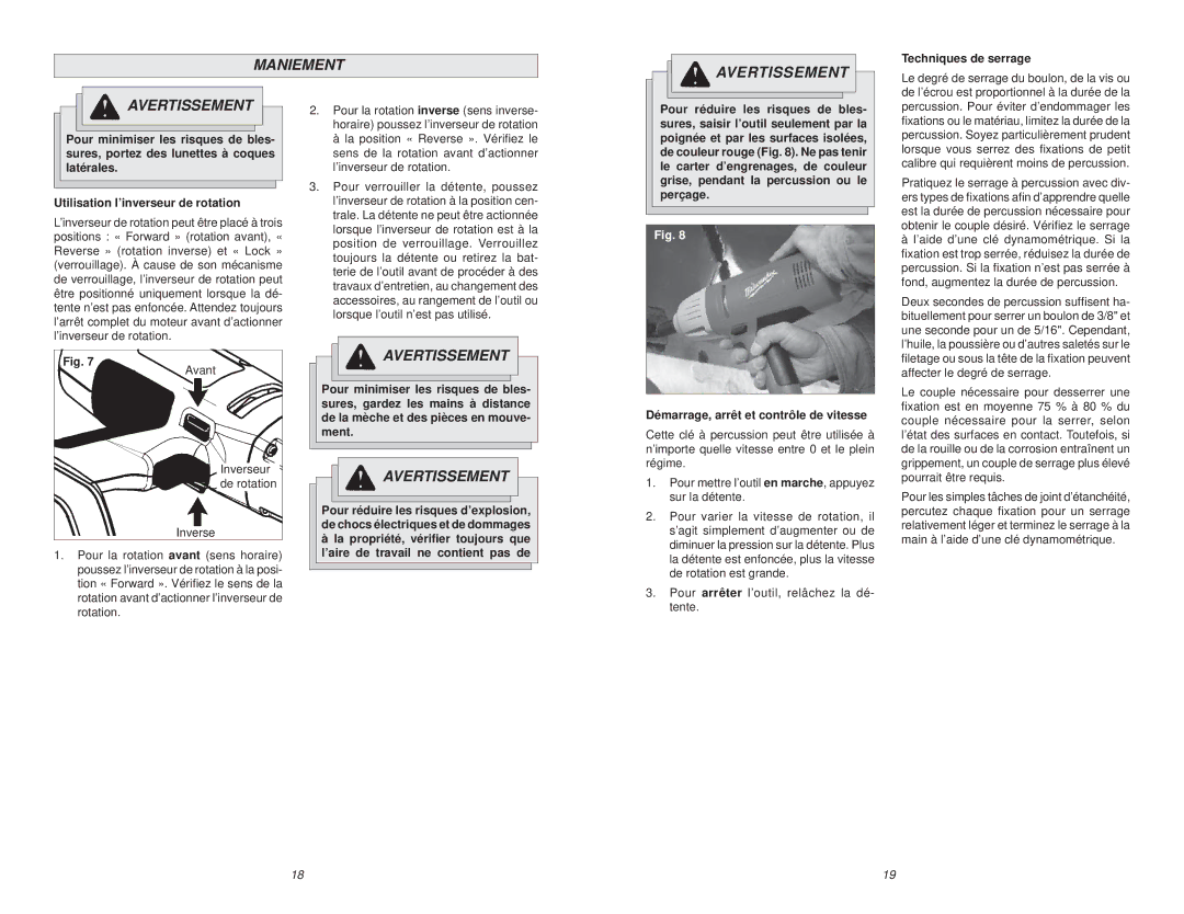 Milwaukee 9098-23, 9078-20 manual Maniement Avertissement, Techniques de serrage, Démarrage, arrêt et contrôle de vitesse 