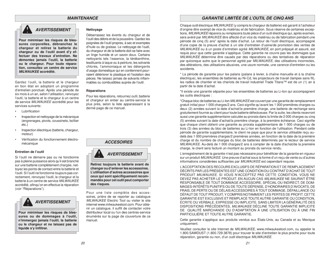 Milwaukee 9078-20 manual Accesoires Avertissement, Nettoyage, Réparations, Vériﬁcation du fonctionnement électro- mécanique 