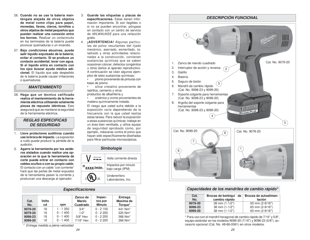 Milwaukee 9078-20, 9098-23 manual Descripción Funcional, Mantenimiento, Reglas Especificas DE Seguridad 