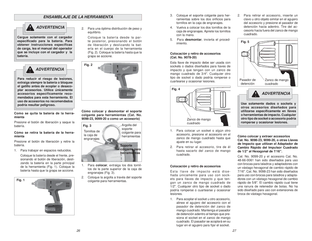 Milwaukee 9098-23, 9078-20 manual Ensamblaje DE LA Herramienta 