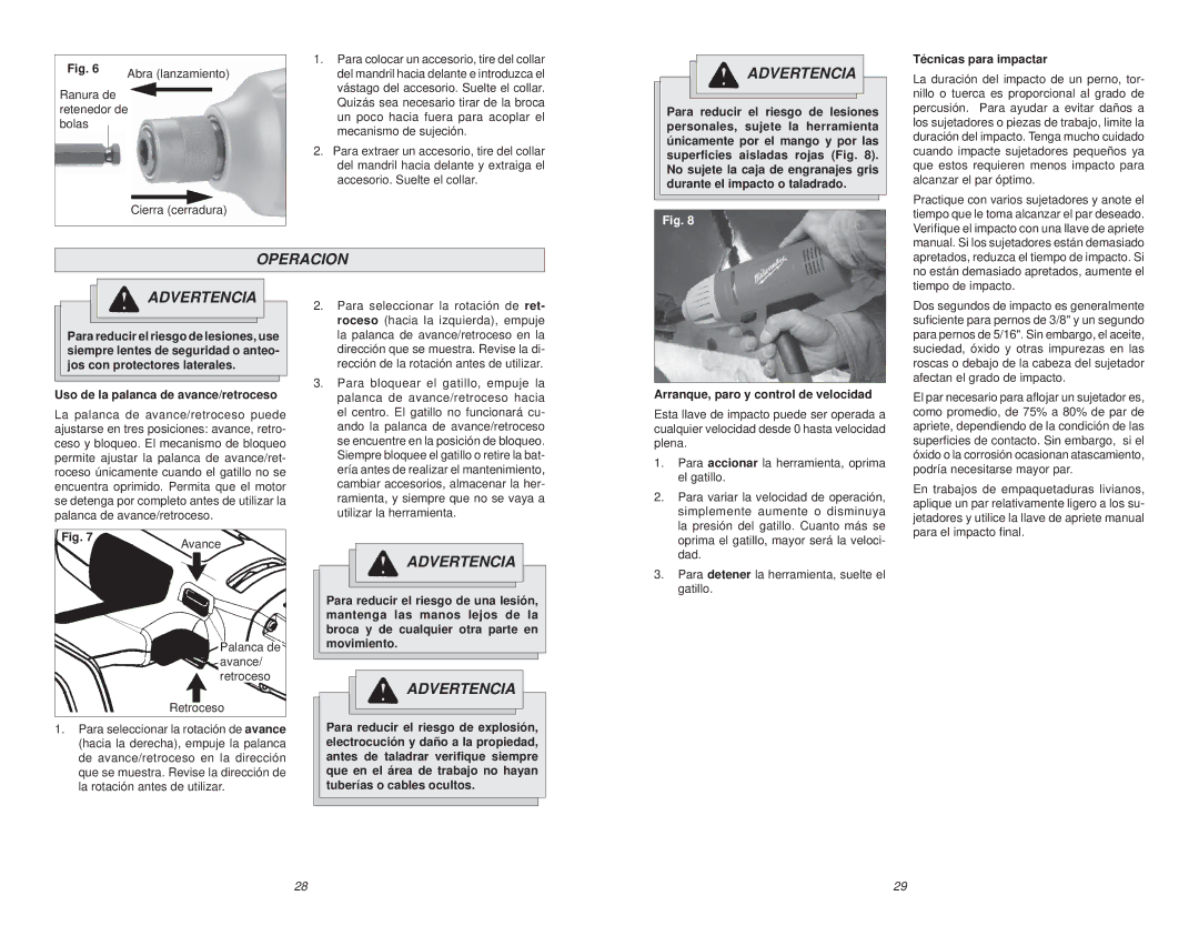 Milwaukee 9078-20, 9098-23 manual Operacion, Técnicas para impactar, Uso de la palanca de avance/retroceso 